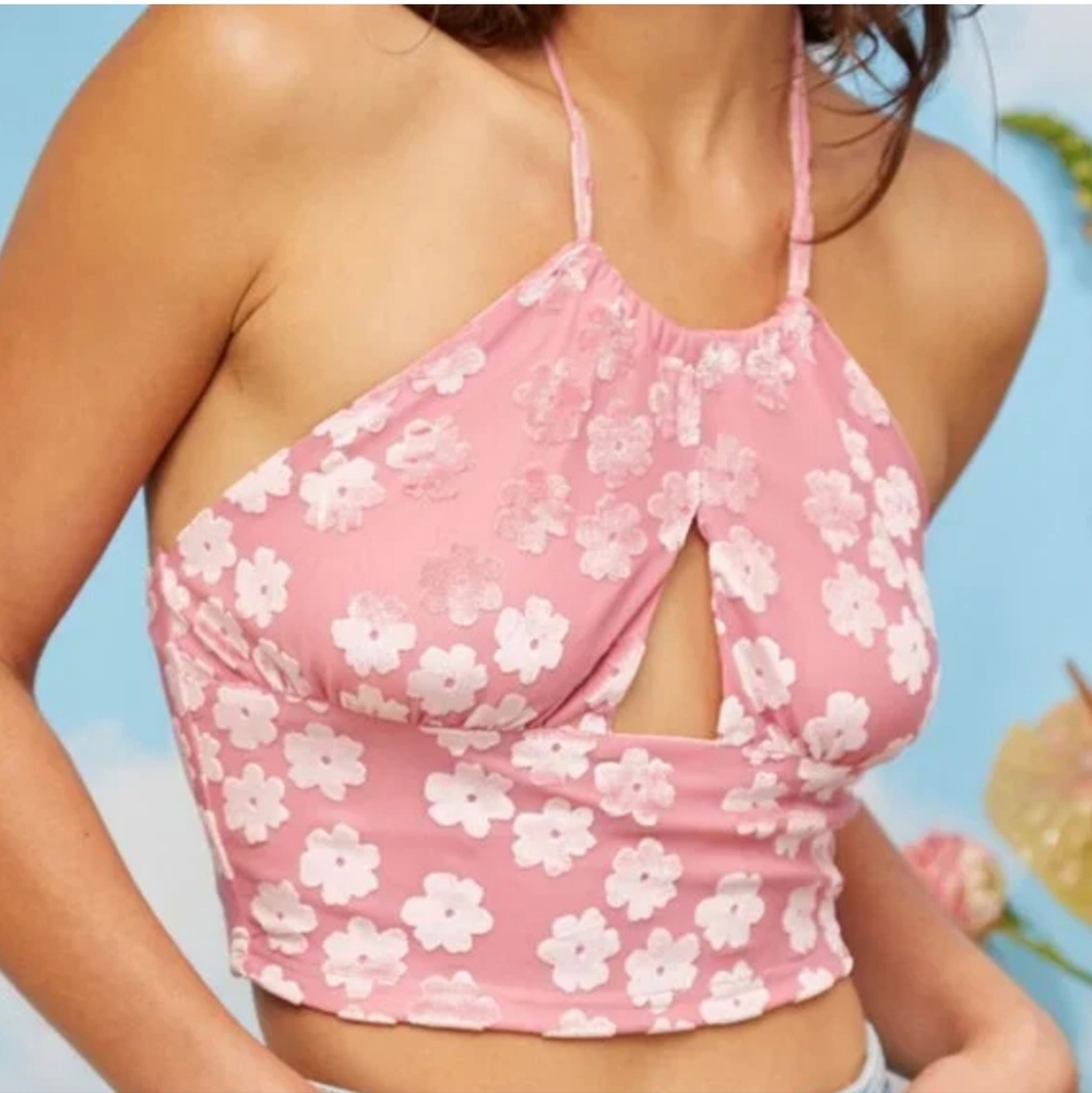 Daisy Street Velvet Floral Halter Crop Top ASO Sarah Cameron - Picture 2 of 6